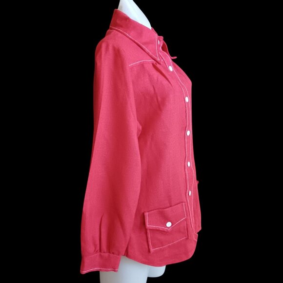 Vintage Medium Wome's Mod Jacket Shirt 1970's Sears Red Burlap granny Pockets - Picture 4 of 6